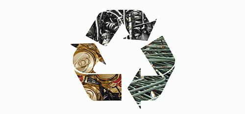 A recycling symbol made from scrap metal